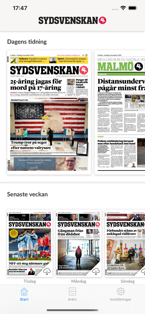 Sydsvenskan E-tidningアプリのインターフェイス。デジタル新聞版の表紙が表示されています。