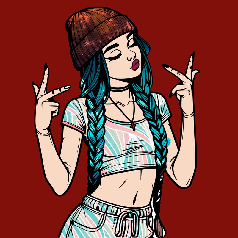 realistic teenage girl with braids and a beanie and crop top doing 🫶🏼