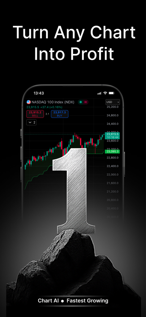Chart AI - Trading Analysis - Aplicación móvil Chart AI que muestra análisis técnico para el índice bursátil NASDAQ 100 en la pantalla de un iPhone.