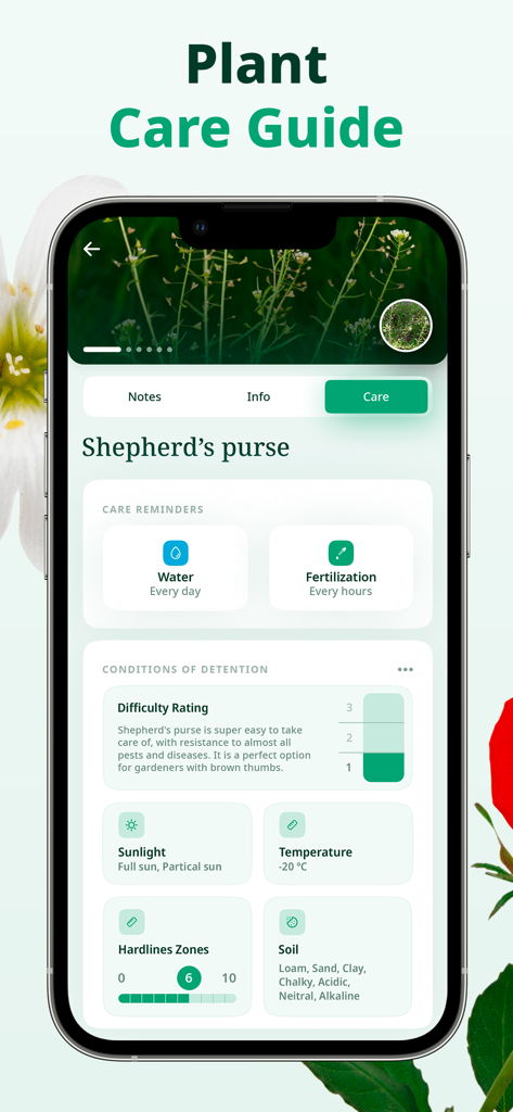 Botanica ID - Plant Identifier - L'application Botanica ID montrant un guide d'entretien des plantes pour le pourpier avec des rappels d'arrosage et de fertilisation