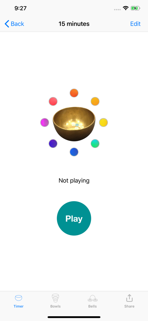 Pantalla de la aplicación Meditation Timer Plus con un temporizador de quince minutos y una ilustración de un cuenco tibetano
