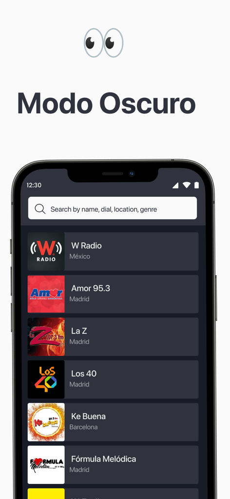 Radio México ‎ - Pantalla de smartphone de la aplicación Radio Mexico mostrando la interfaz en modo oscuro con una barra de búsqueda y lista de estaciones mexicanas