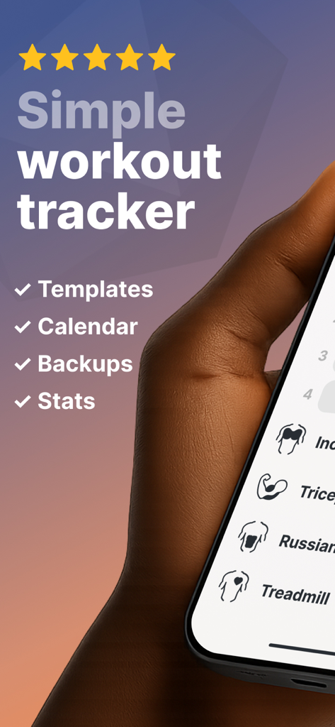 Gym Tracker simple workout log - Una persona sosteniendo un smartphone que muestra la aplicación de registro de entrenamiento simple Gym Tracker con una calificación de cinco estrellas y una lista de características.