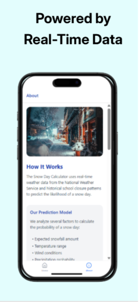 The About screen of the Flurry app explaining how the snow day prediction model uses real-time weather data.