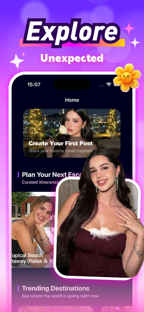 Wyzo - Video&Chat - The home screen of the Wyzo travel app featuring the Explore Unexpected header and sections for creating posts and planning escapes.