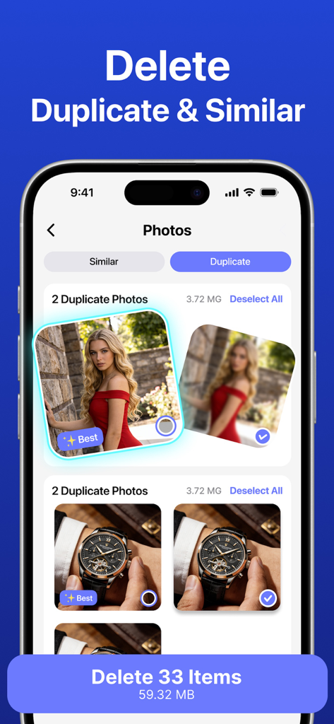 Cleava - Clean Up Storage - Cleava 앱 인터페이스, 아이폰에서 AI로 중복 및 유사 사진을 감지하고 삭제하는 모습