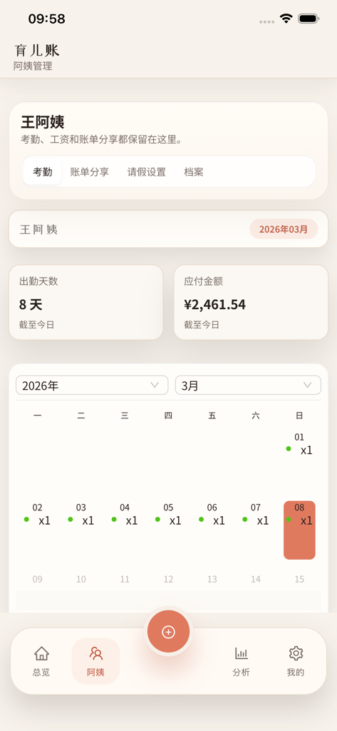 Dashboard of the NannyPay app showing a nanny attendance calendar and monthly salary calculation