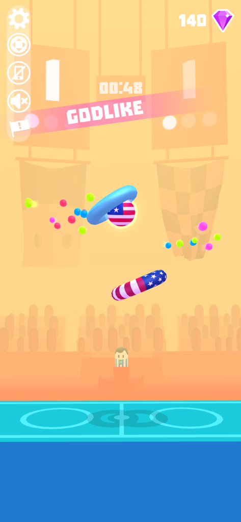 Hoop Stars - Capture d'écran du jeu mobile Hoop Stars montrant un cerceau bleu attrapant un ballon de basket orné du drapeau américain.