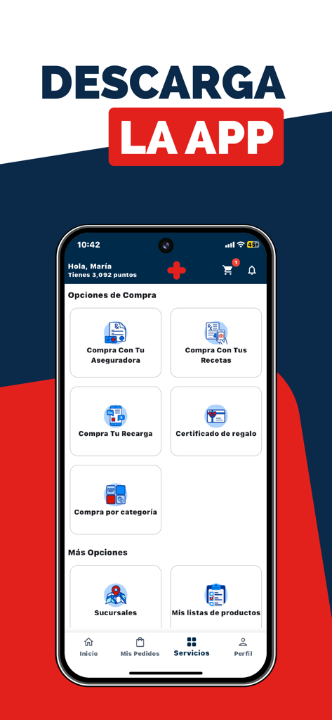 Farma Costo - Farma Costo mobile app home screen featuring various pharmacy shopping services in Spanish