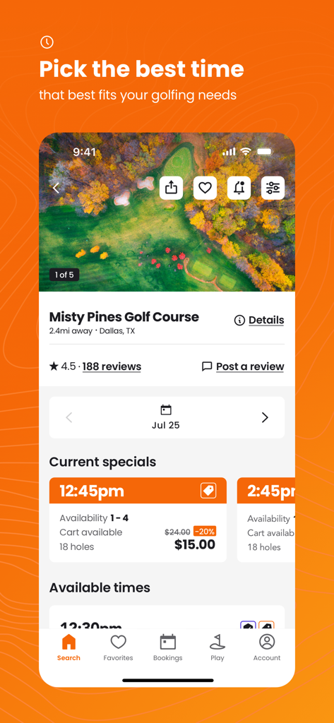 Supreme Golf app showing discounted tee times and reviews for Misty Pines Golf Course in Dallas