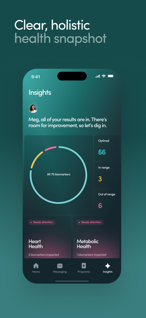 Hers: Women’s Healthcare - Hers app Insights screen displaying a holistic health snapshot with biomarker results for heart and metabolic health.
