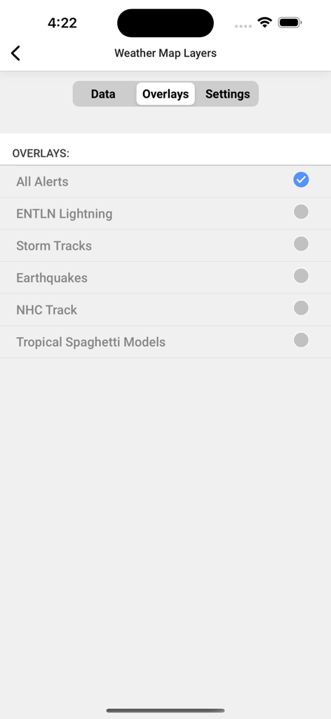 News4Jax Weather Authority - Settings screen for weather map overlays in the News4Jax app showing options for storm tracks and lightning alerts.