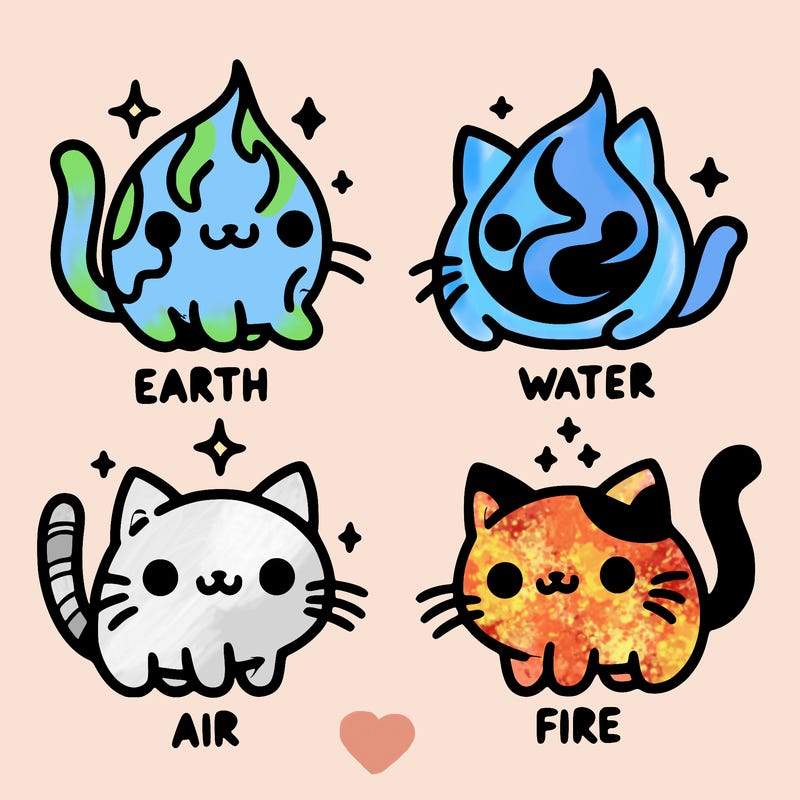4 cats that represent the different elements, earth, water, air, and fire