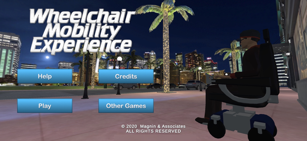 Wheelchair Mobility Experience - Main menu of the Wheelchair Mobility Experience app showing a person in a motorized wheelchair against a city night background.
