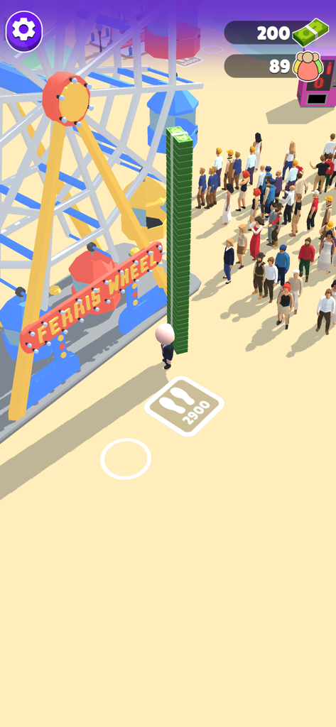 Bus Arrival 3D - A character standing next to a tall stack of money and a Ferris wheel in the Bus Arrival 3D game environment