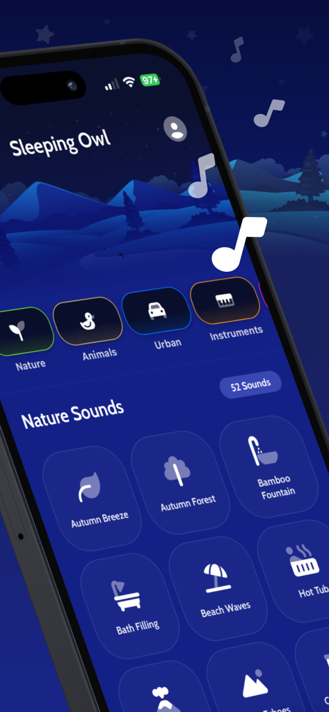 Screenshot of Sleeping Owl app showing nature sound options like autumn breeze and beach waves on a dark blue night-themed interface.