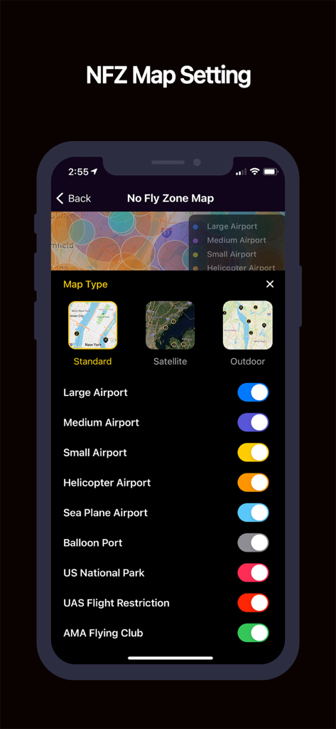 Drone Buddy: Fly Drone Safely - Pantalla de configuración del mapa NFZ de Drone Buddy con tipos de mapas y opciones de restricción del espacio aéreo