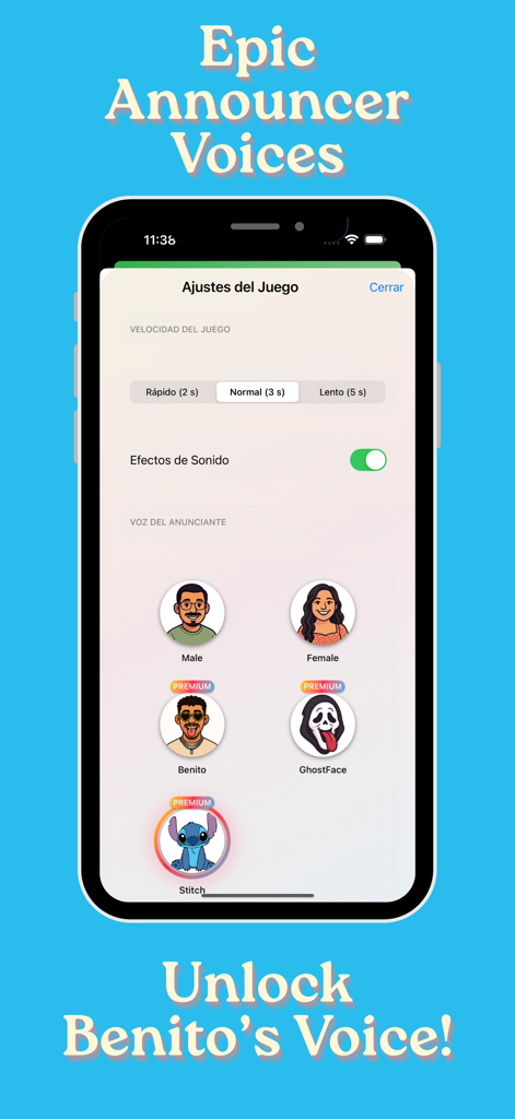 Loteria Mexicana Digital - Settings screen of Loteria Mexicana Digital app showing announcer voice selection and game speed options.