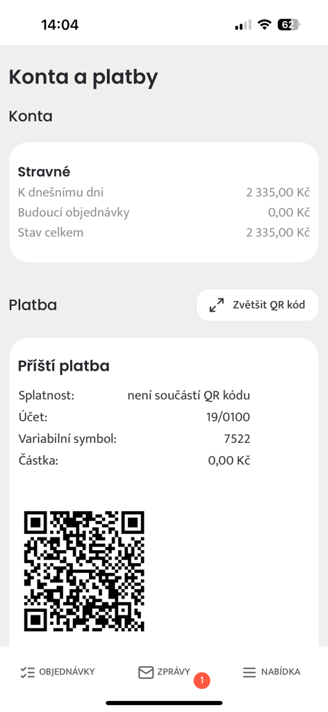 Strava.cz Meal Ordering - Mobile interface showing meal account balance and payment QR code in the Strava.cz app