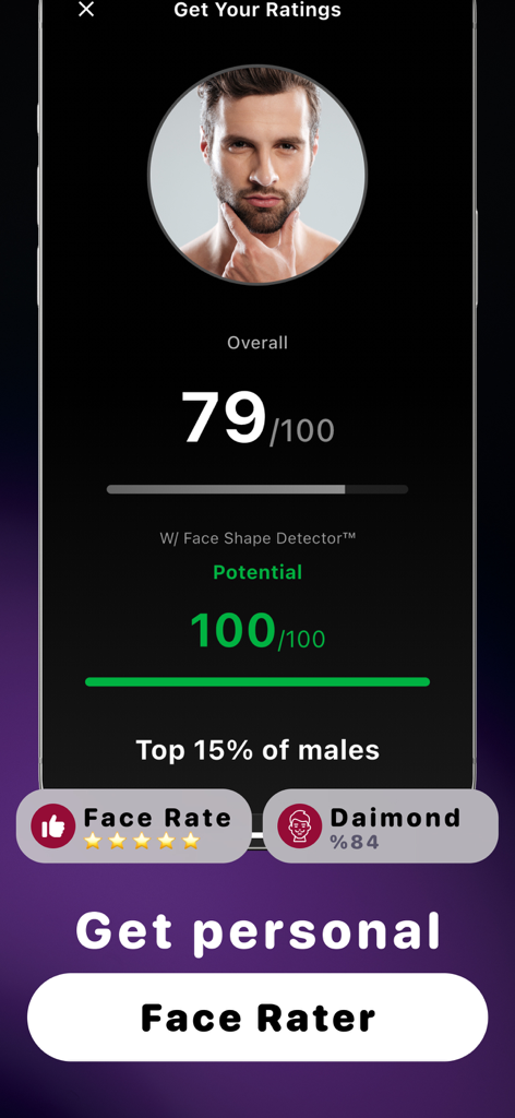 Face Shape Detector - LOOX - LOOX-App-Oberfläche, die einen KI-Gesichts-Bewertungs-Score und eine Diamant-Form-Erkennung für einen männlichen Benutzer zeigt
