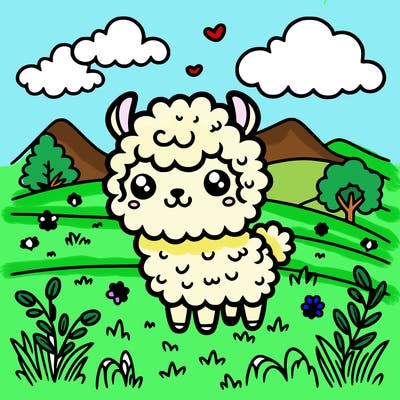 a kawaii llama in a meadow
