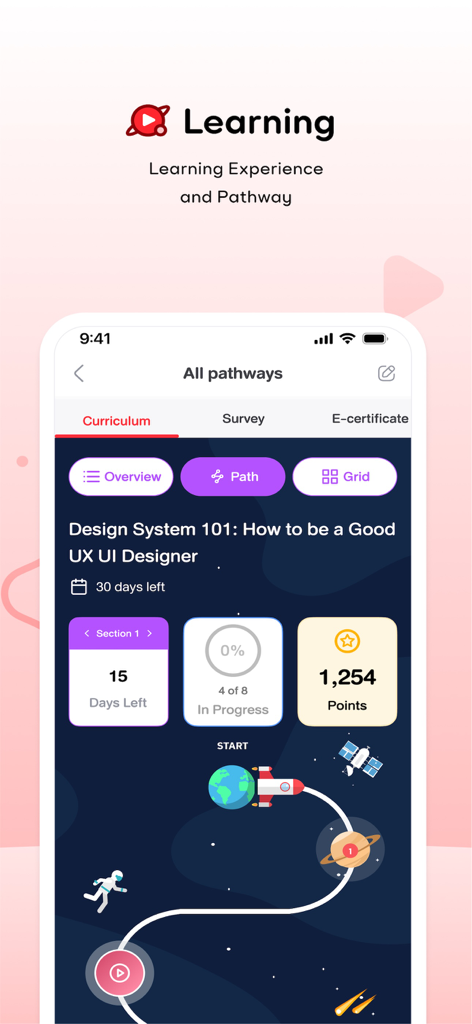 Conicle Space - Conicle Space app screen displaying a gamified learning pathway for a UX UI design course with progress tracking and points.