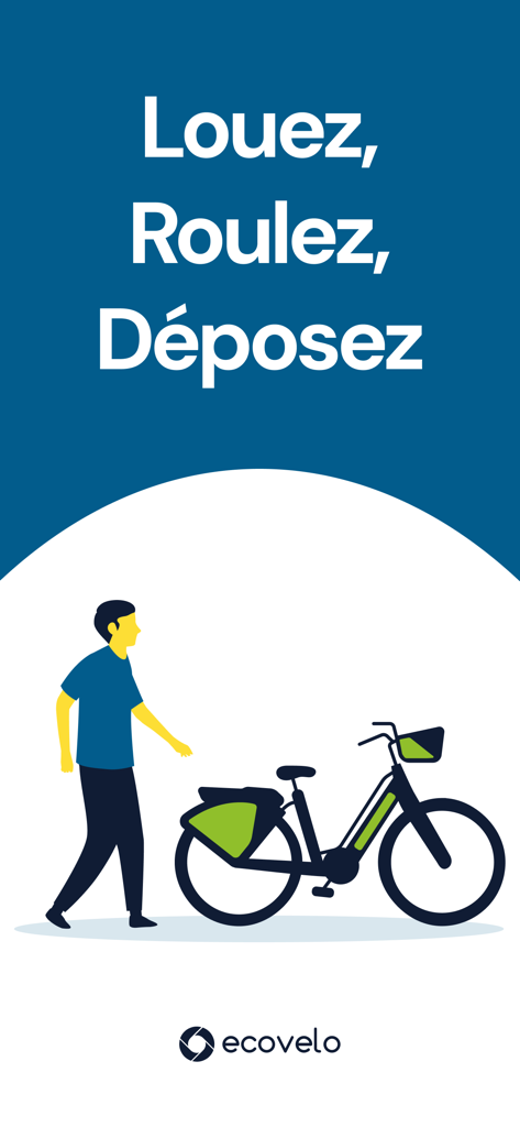 Graphic illustration of a person walking toward a green bicycle with French text Louez Roulez Deposez