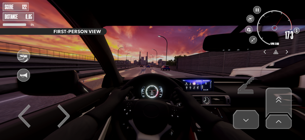 First-person cockpit view of a car driving on a highway at sunset in Dream Road Online