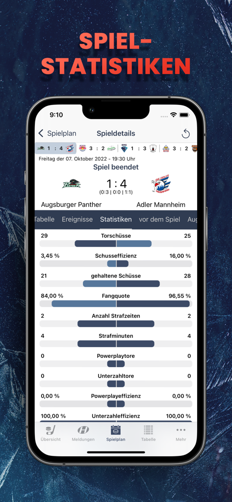 Detaillierte Eishockey-Spielstatistiken und Teamleistung in der Hockeyweb App