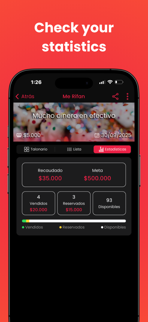 Me Rifan - Una pantalla de smartphone que muestra estadísticas de rifa en la aplicación Me Rifan, indicando fondos recaudados frente a un objetivo y el estado de las ventas de boletos.