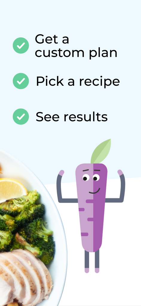 Macrostax: Diet & Meal Planner - A checklist showing three steps to get a custom plan pick a recipe and see results with a flexing carrot mascot