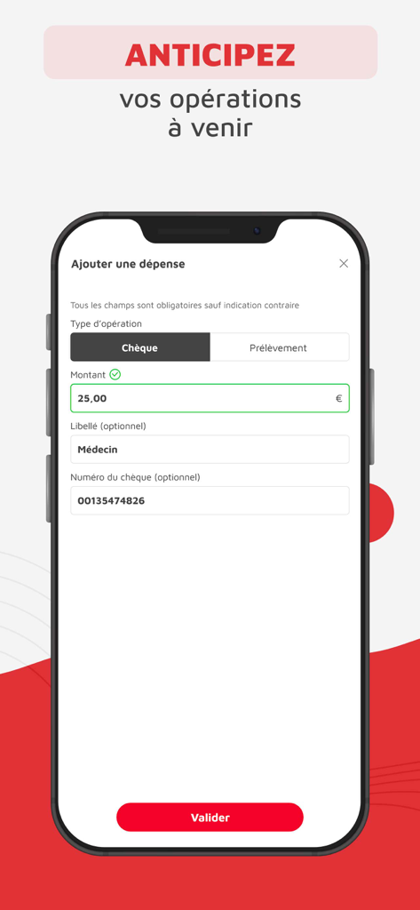CMSO Suivi de compte et budget - Écran de l'application mobile pour la saisie manuelle des opérations bancaires futures telles que les paiements par chèque