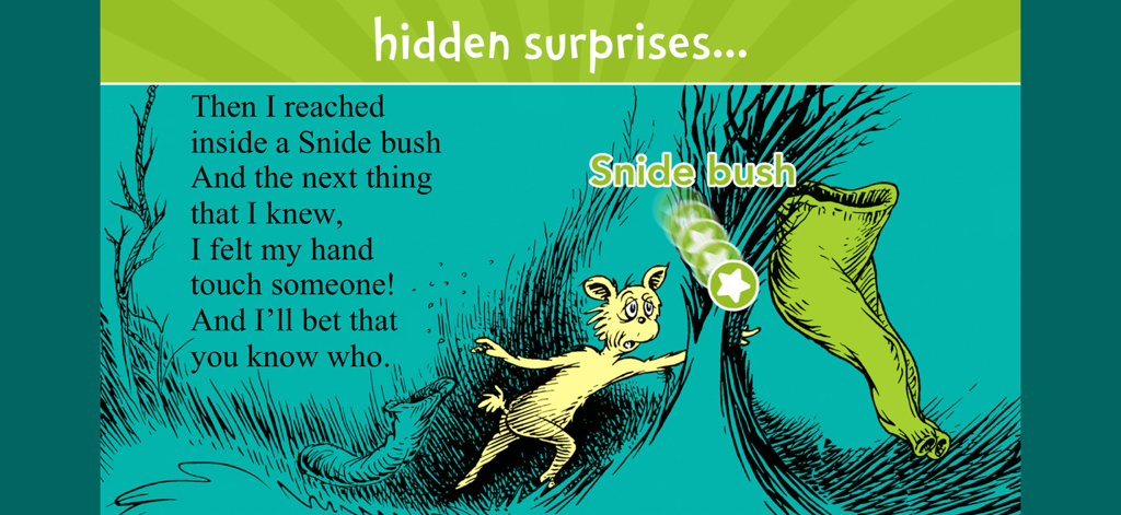 Interactive page from the Dr. Seuss app What Was I Scared Of featuring a character discovering a hidden surprise.