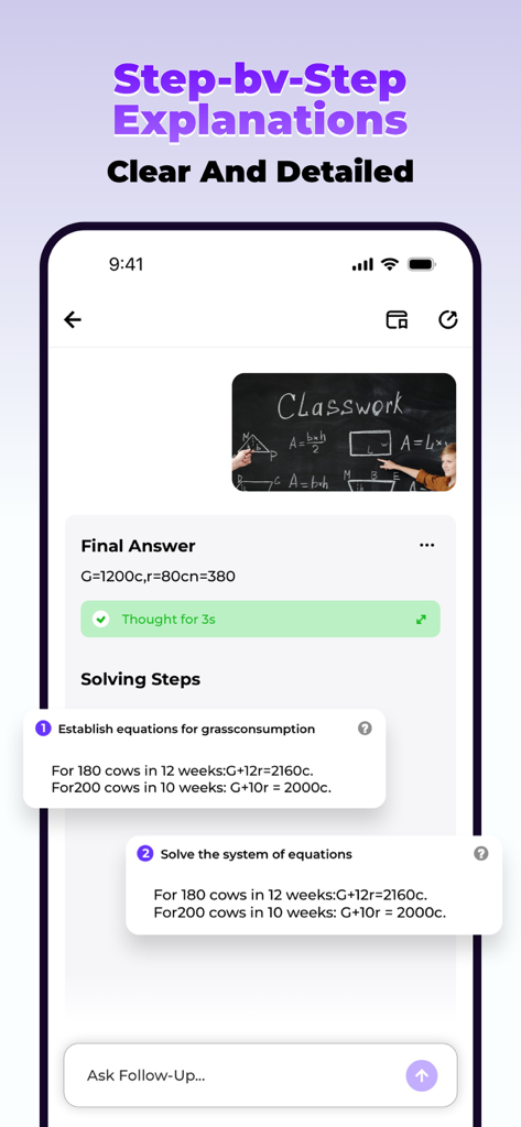 Mathos AI: Smart Solve - Mathos AI app interface showing step-by-step explanations for a complex math problem with clear solving steps.