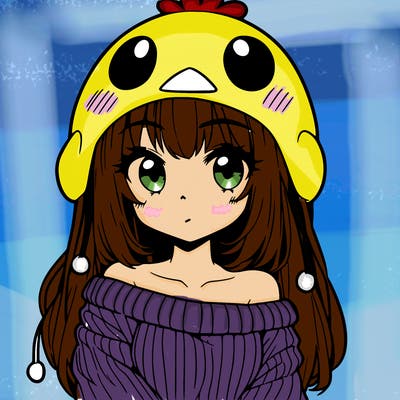 anime girl with chick shaped hat with sweater with bare shoulders with bangs covering them one eye with low tail