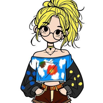 girl with a messy ponytail glasses a baggy crop top and jean shorts