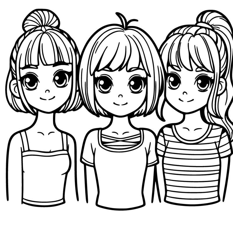three girls: two girls with short hair ,and a girl with a long ponytail