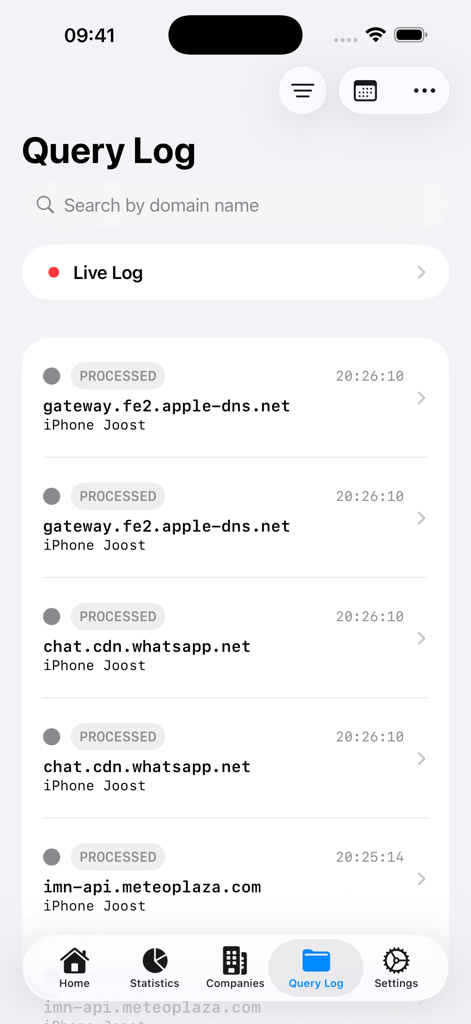 Remote for AdGuard DNS - The Query Log screen of the Remote for AdGuard DNS app showing a list of processed network requests and a live log option