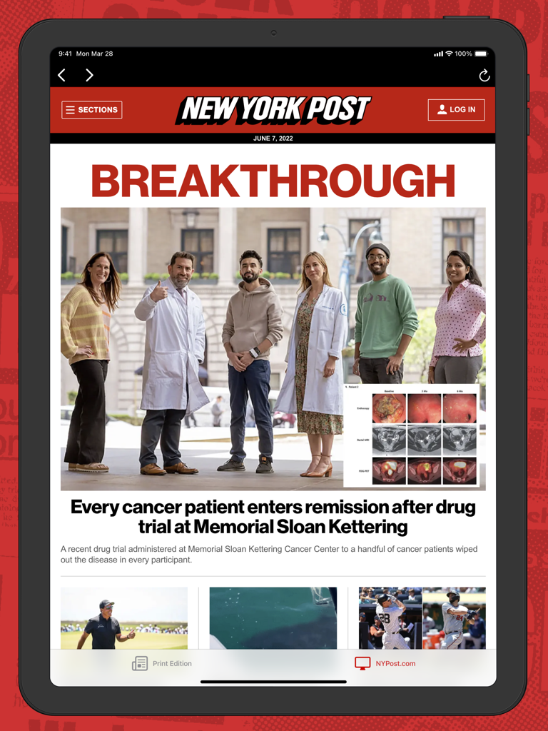 New York Post for iPad - La aplicación New York Post para iPad mostrando un titular de noticia Breakthrough sobre un ensayo de cáncer.