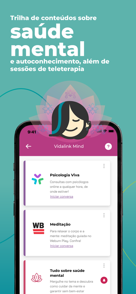 Vidalink - Vidalinkアプリの画面。オンラインセラピーや瞑想を含むメンタルヘルスのサービスが表示されています。