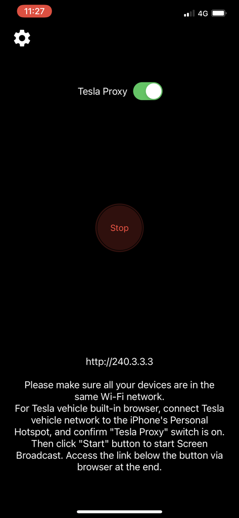 TslaMirror app interface showing the Tesla Proxy enabled and connection instructions.