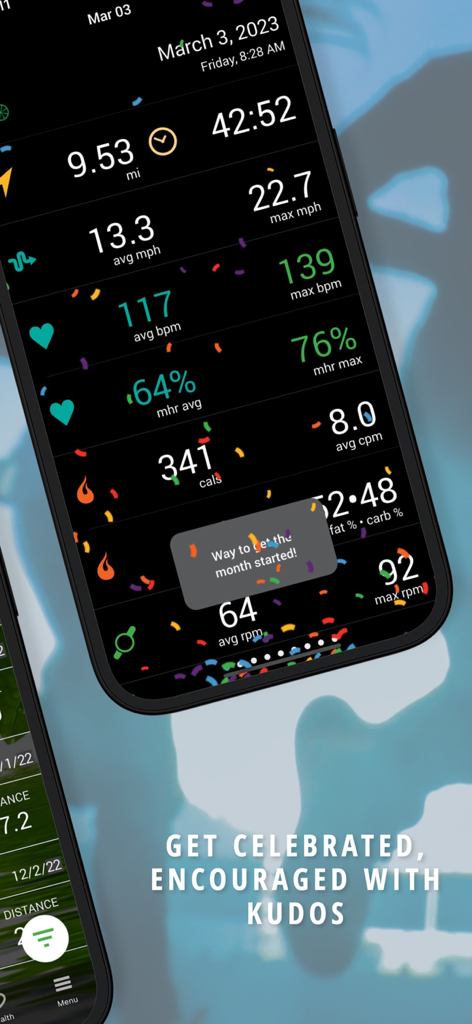 iCardio Workout Tracker - Detailed iCardio workout summary showing heart rate, speed, and calories with a celebratory kudos message.