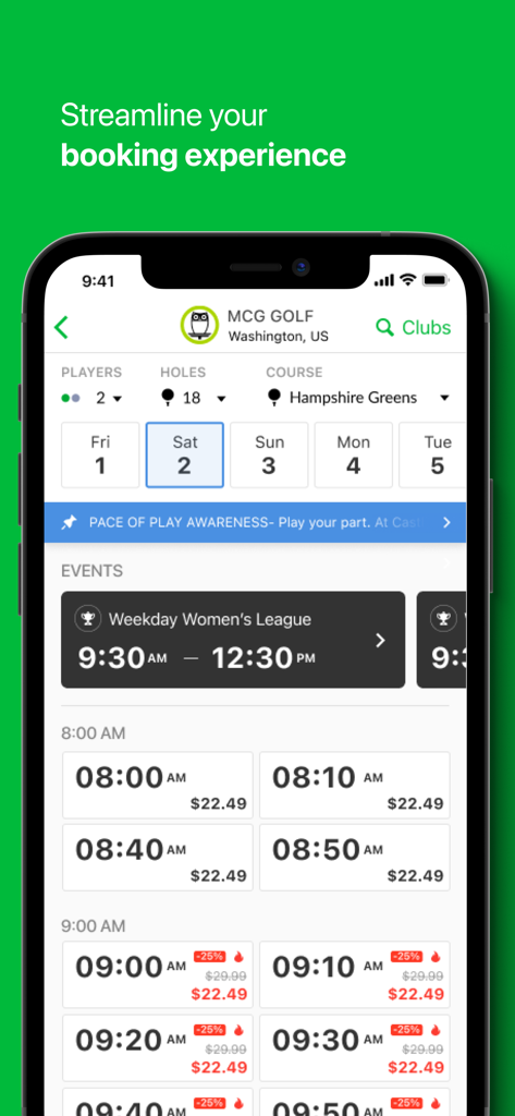 Chronogolf by Lightspeed - Tee time booking interface on the Chronogolf by Lightspeed app showing available slots and prices.