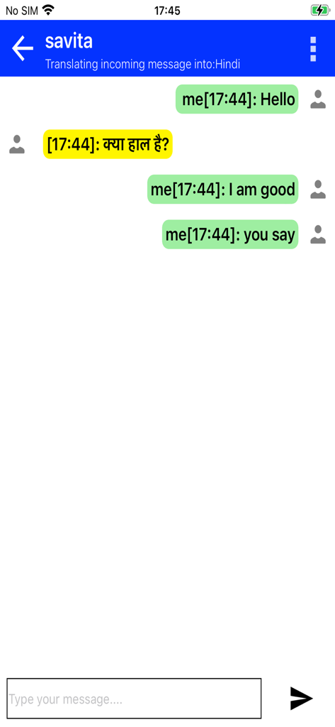 Chat Translator - A screenshot of the Chat Translator app showing an active chat interface with real-time translation from English to Hindi.