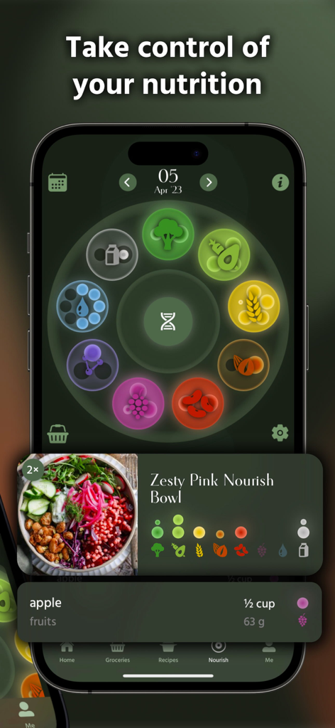 Pick Up Limes - A mobile app interface displaying the Pick Up Limes Nourish Method circular nutrition tracker and a healthy recipe card
