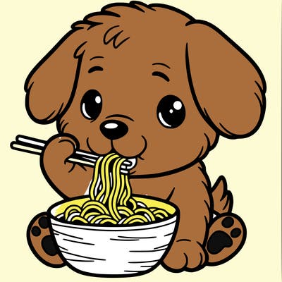 puppy eating noodles