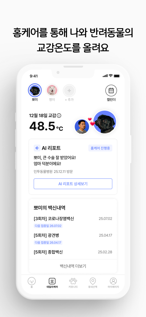 인투펫 - 펫 AI 에이전트 - IntoPet app dashboard displaying pet health scores AI medical reports and vaccination history