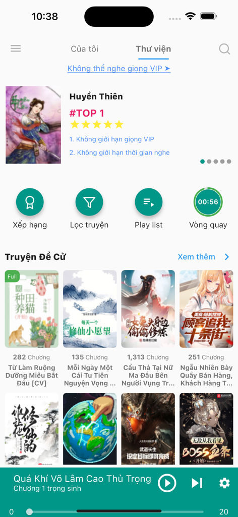 Audio Truyện -Đọc Nghe Kết Hợp - Interface of the Vietnamese audio stories app showing recommended novels and player controls.