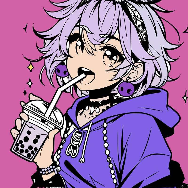 hot baddie anime girl drinking boba and biting the straw