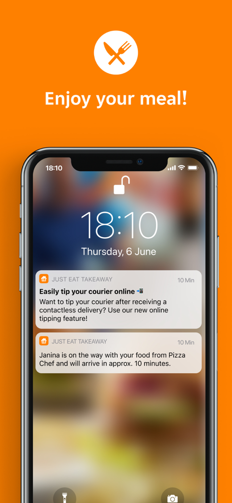 Pyszne.pl - iPhone-Sperrbildschirm mit Benachrichtigungen zur Essenslieferungsverfolgung und Online-Trinkgeld von Pyszne.pl